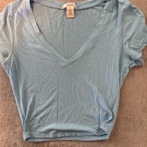 Bozzolo Light Blue Ribbed V-Neck Tee